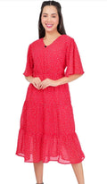 PAVONINE Micro Dots V-Neck Georgette Fabric Red Dress For Women | Grocsy