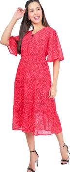 PAVONINE Micro Dots V-Neck Georgette Fabric Red Dress For Women | Grocsy