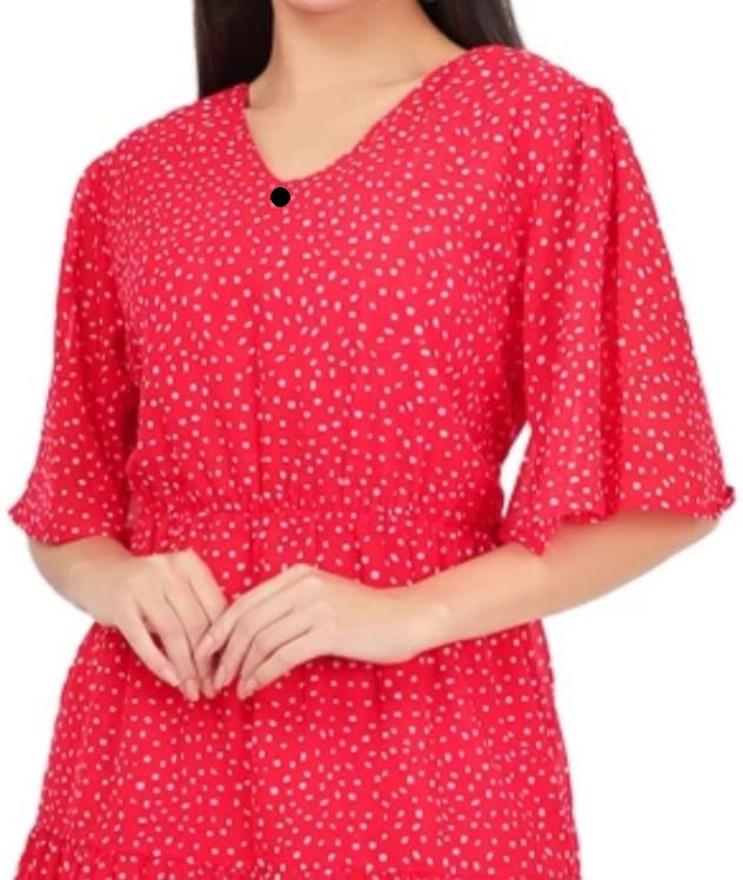 PAVONINE Micro Dots V-Neck Georgette Fabric Red Dress For Women | Grocsy