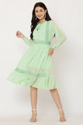 PAVONINE Pista Color Georgette Fabric Lace Inserts Dress For Girls | Grocsy