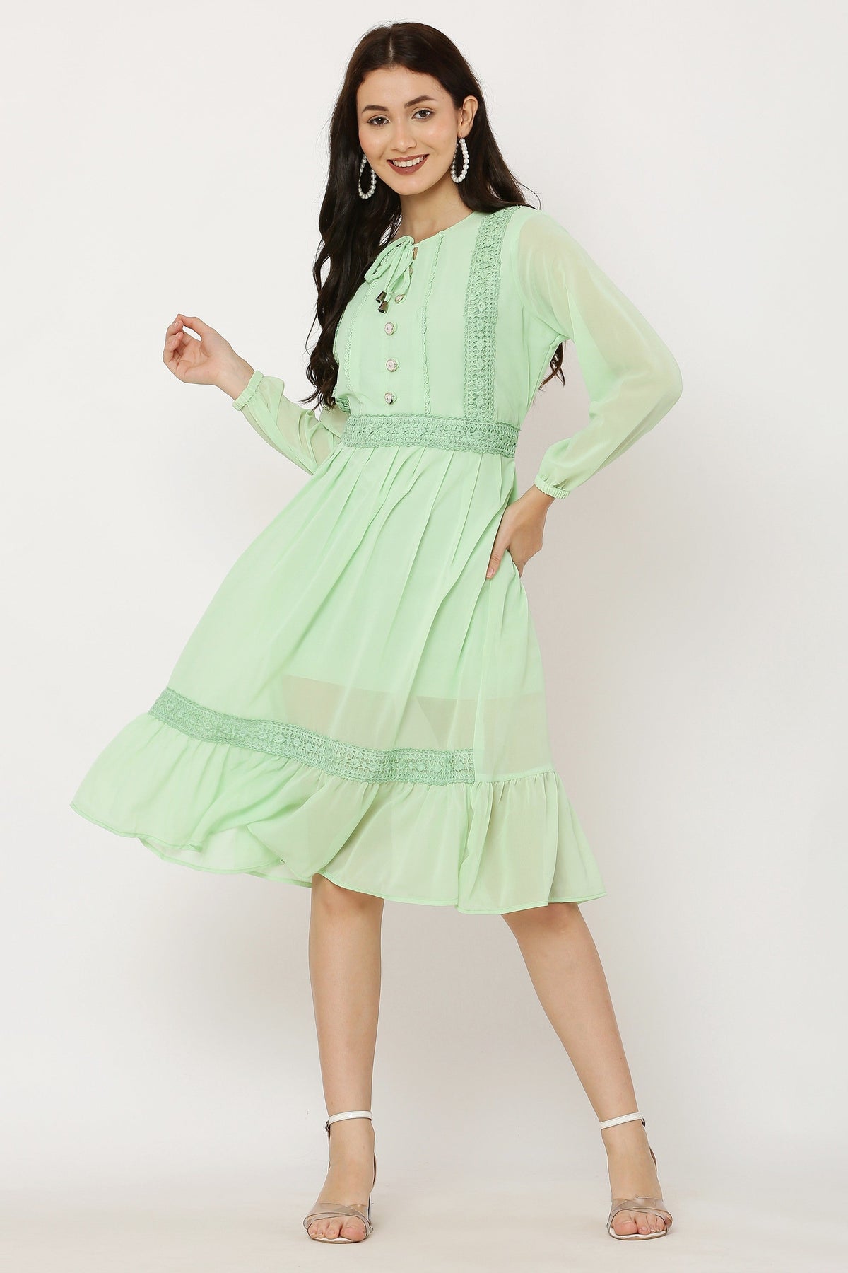 PAVONINE Pista Color Georgette Fabric Lace Inserts Dress For Girls | Grocsy