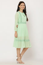 PAVONINE Pista Color Georgette Fabric Lace Inserts Dress For Girls | Grocsy
