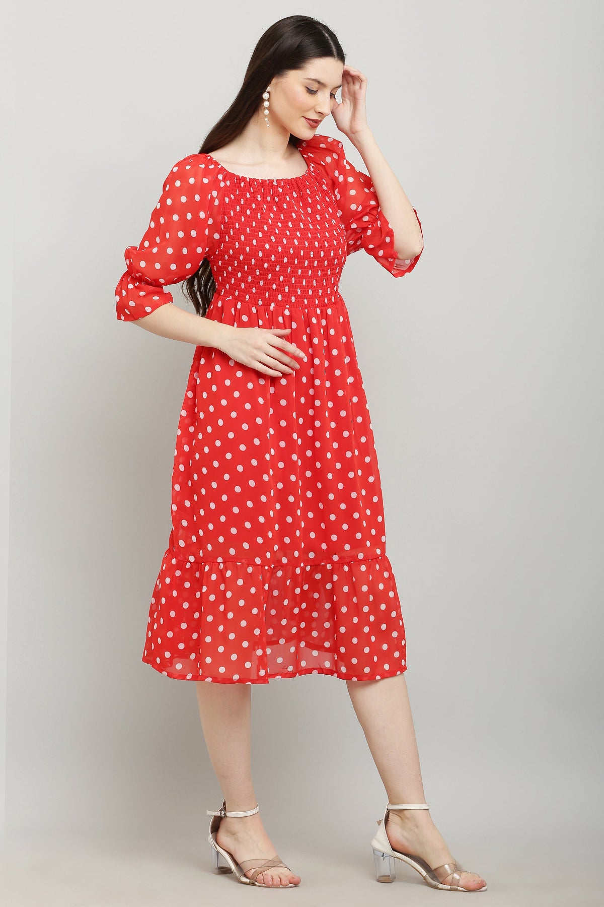 PAVONINE Polka Dots Body Kansai Red Dress For Women | Grocsy
