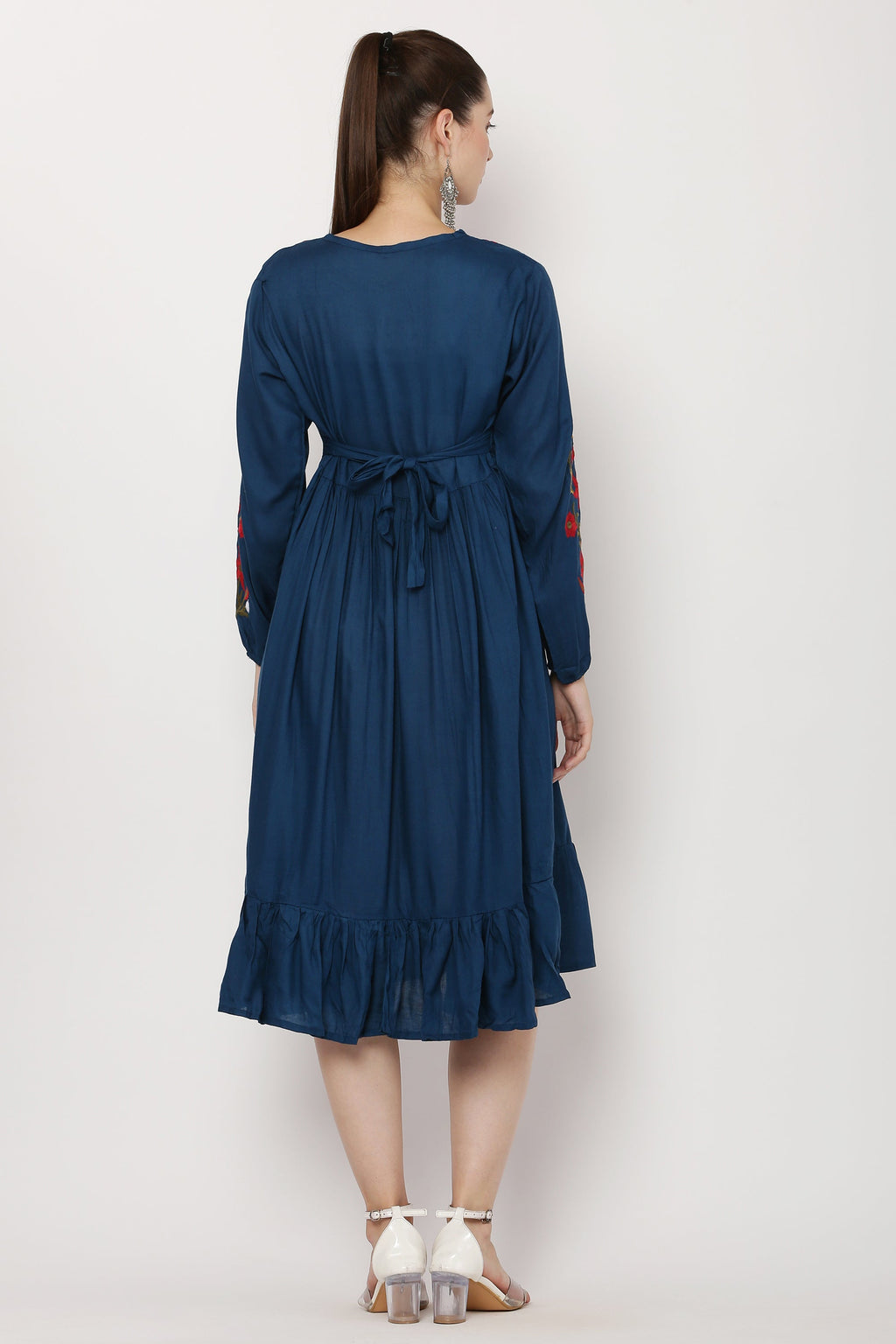 PAVONINE Navy Blue Color Flower Embroidery Dress For Women | Grocsy