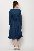PAVONINE Navy Blue Color Flower Embroidery Dress For Women | Grocsy