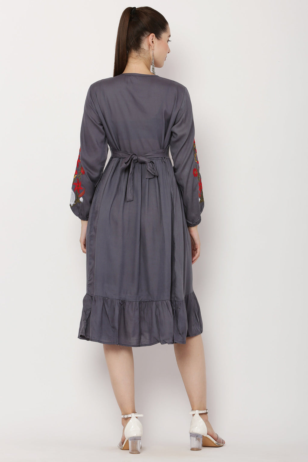 PAVONINE Grey Color Flower Embroidery Dress For Women | Grocsy