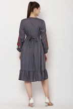 PAVONINE Grey Color Flower Embroidery Dress For Women | Grocsy