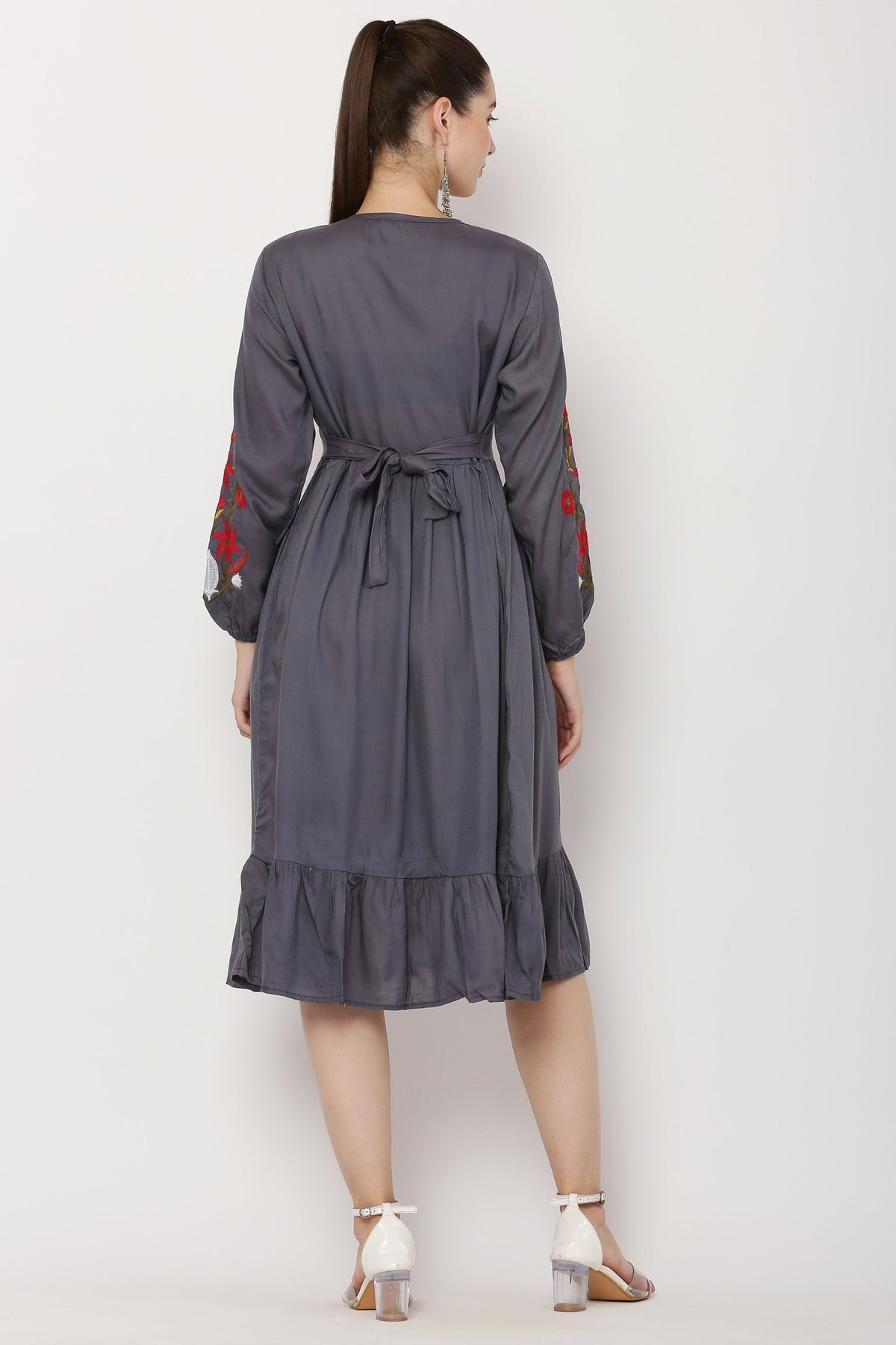 PAVONINE Grey Color Flower Embroidery Dress For Women | Grocsy