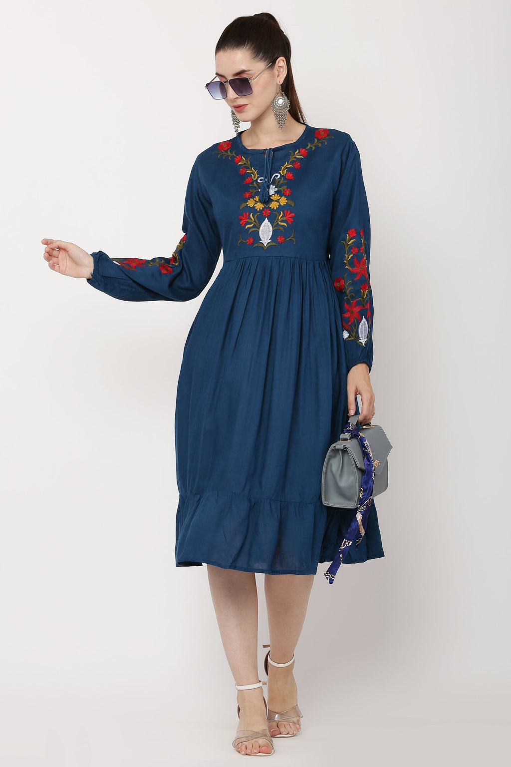 PAVONINE Navy Blue Color Flower Embroidery Dress For Women | Grocsy