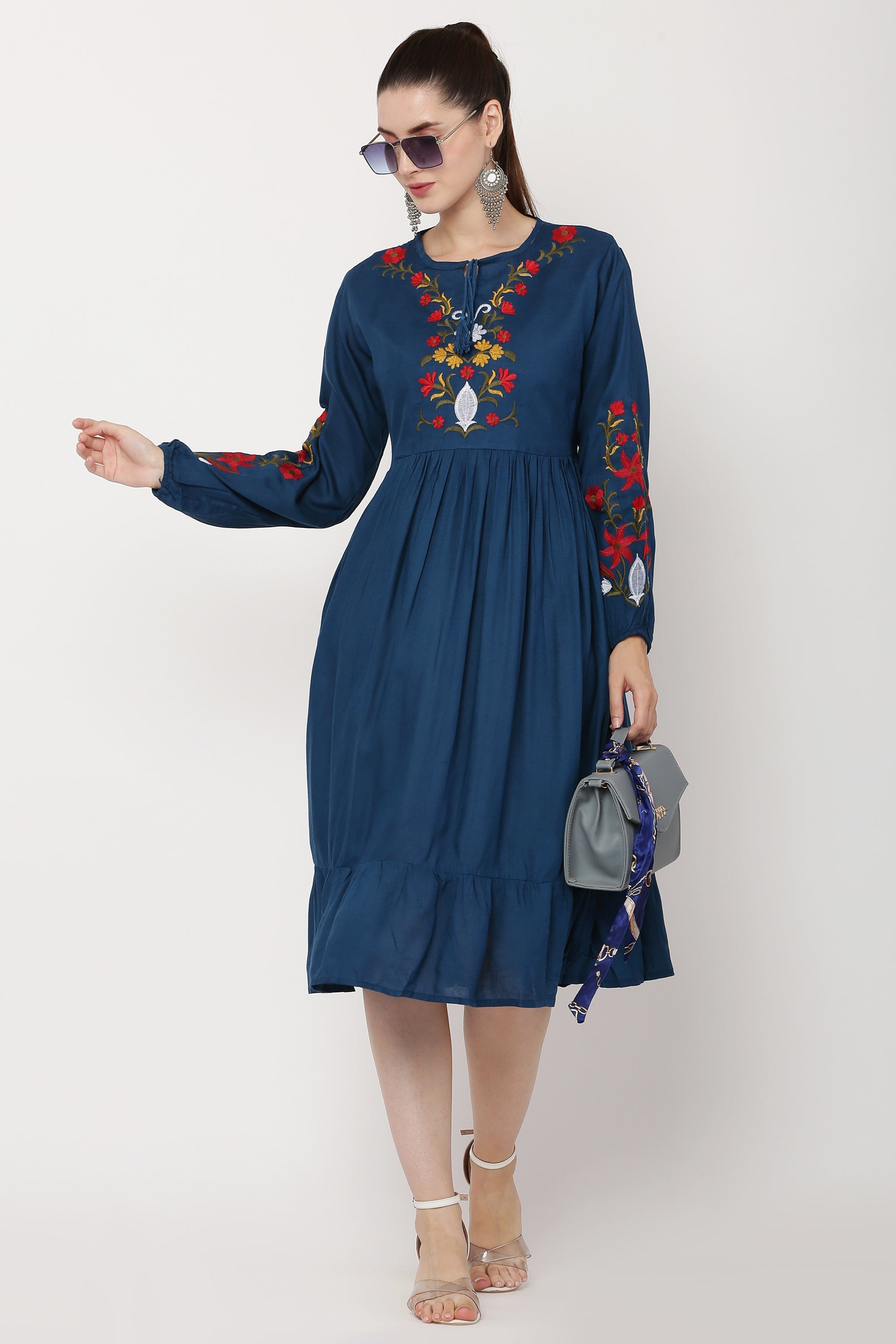 PAVONINE Navy Blue Color Flower Embroidery Dress For Women | Grocsy