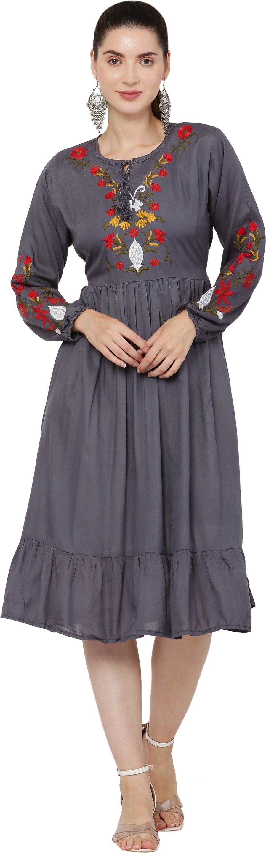 PAVONINE Grey Color Flower Embroidery Dress For Women | Grocsy
