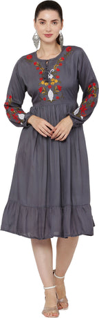 PAVONINE Grey Color Flower Embroidery Dress For Women | Grocsy
