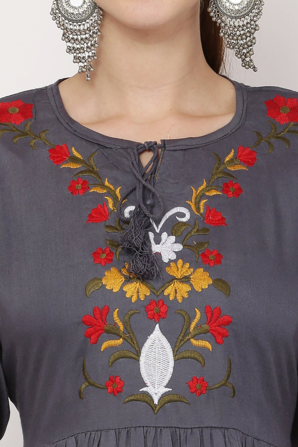 PAVONINE Grey Color Flower Embroidery Dress For Women | Grocsy
