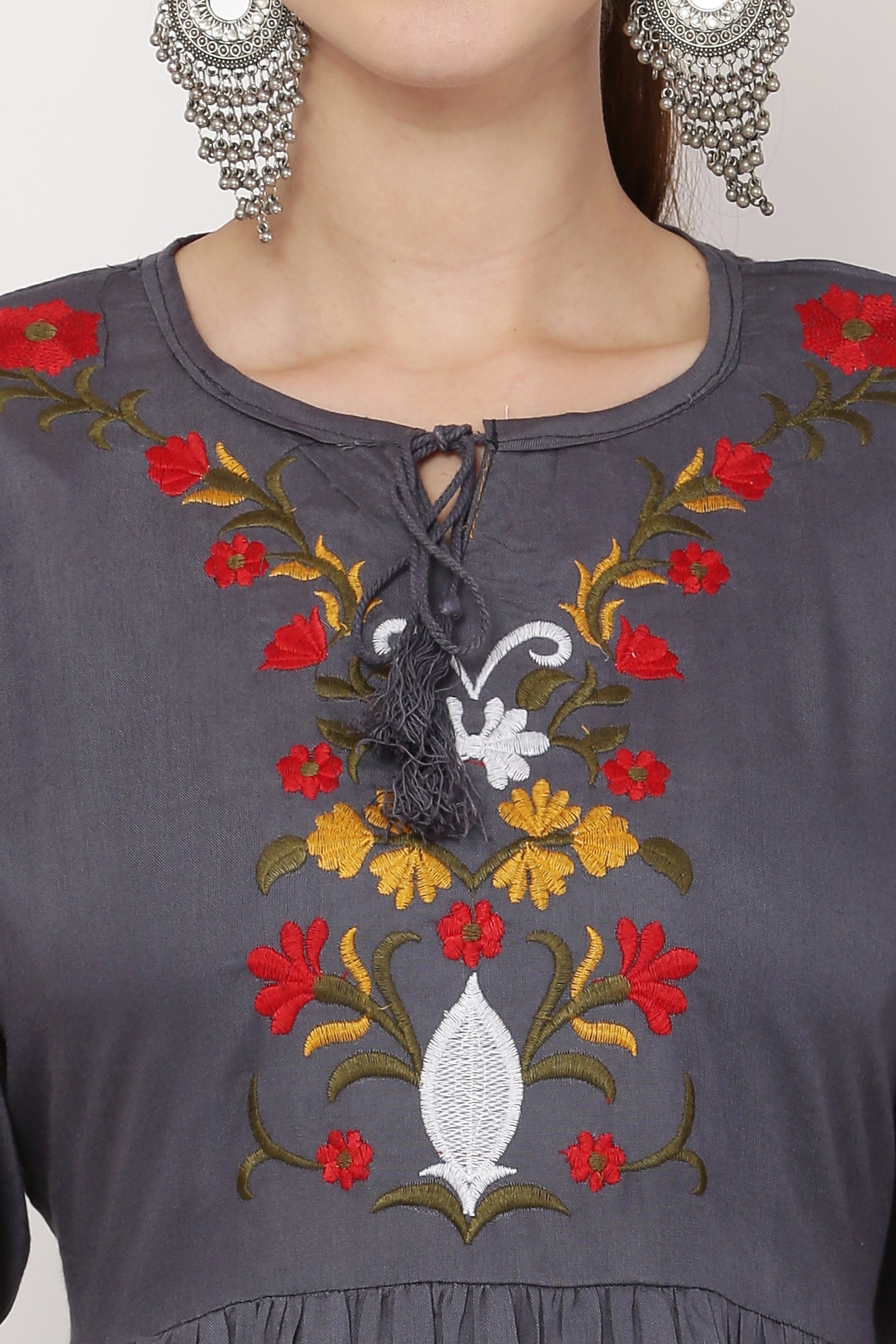 PAVONINE Grey Color Flower Embroidery Dress For Women | Grocsy