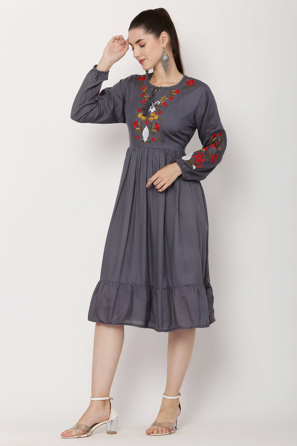 PAVONINE Grey Color Flower Embroidery Dress For Women | Grocsy