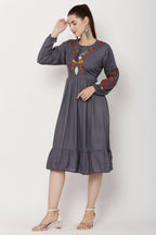 PAVONINE Grey Color Flower Embroidery Dress For Women | Grocsy
