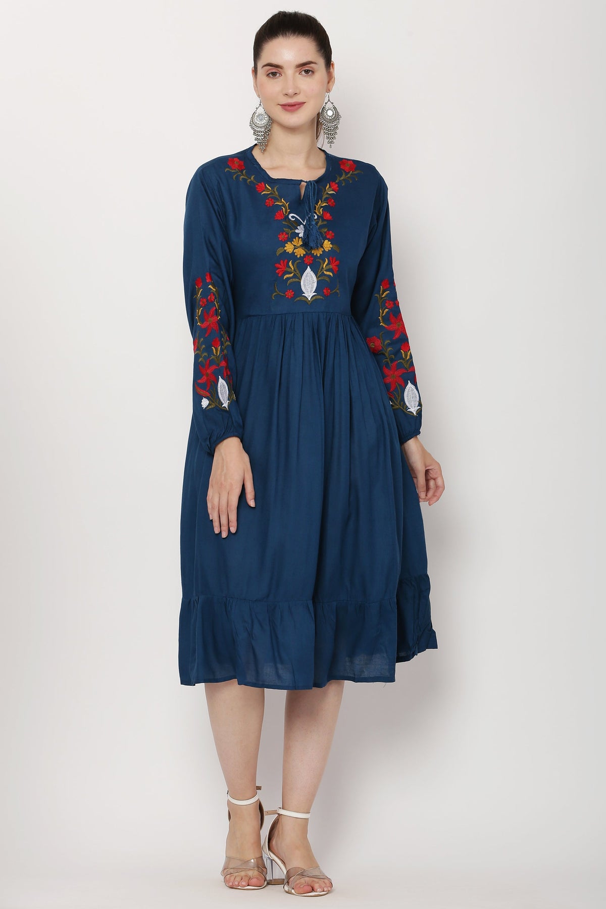 PAVONINE Navy Blue Color Flower Embroidery Dress For Women | Grocsy
