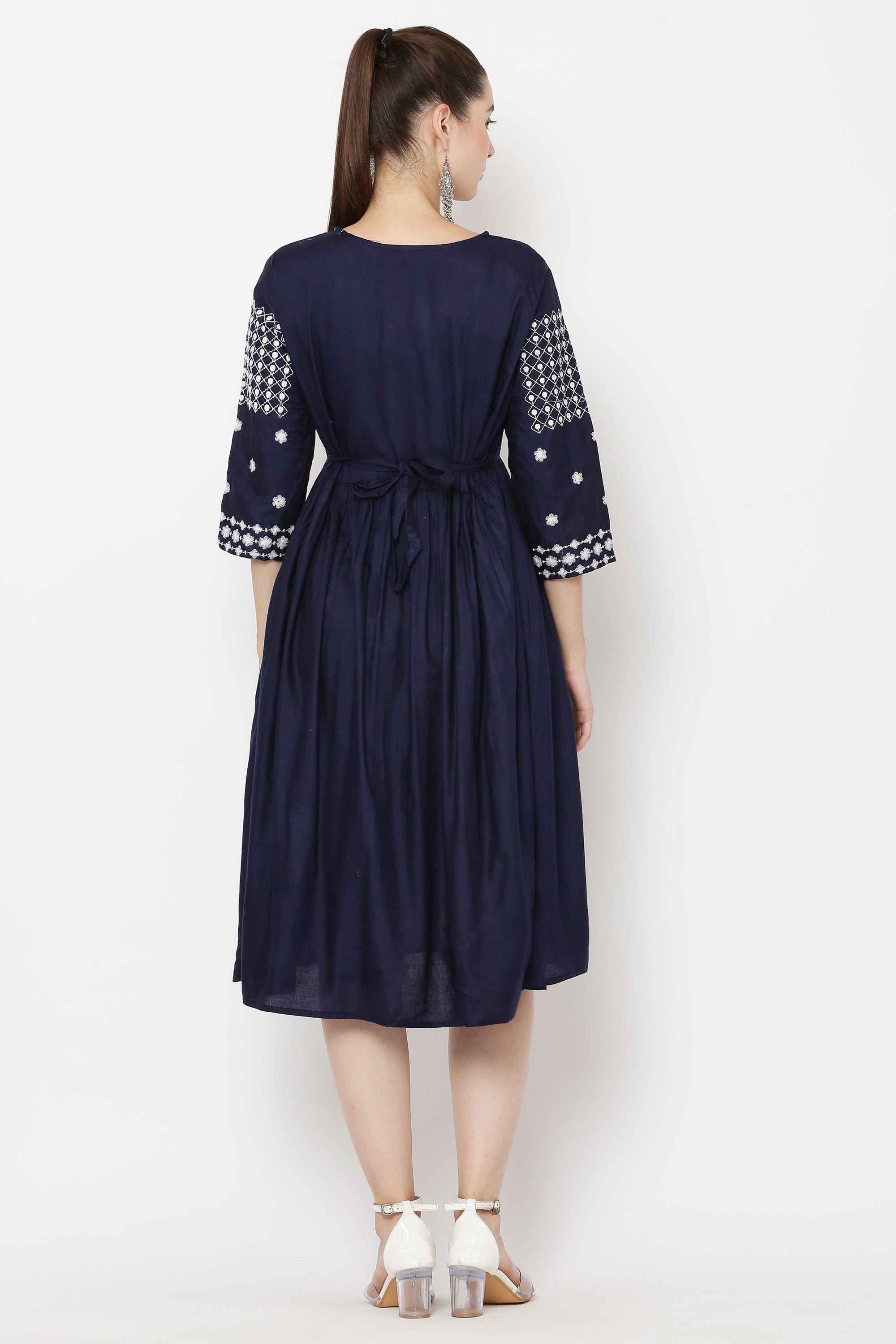 PAVONINE Navy Blue Color Polka Dots Embroidery Dress For Women | Grocsy