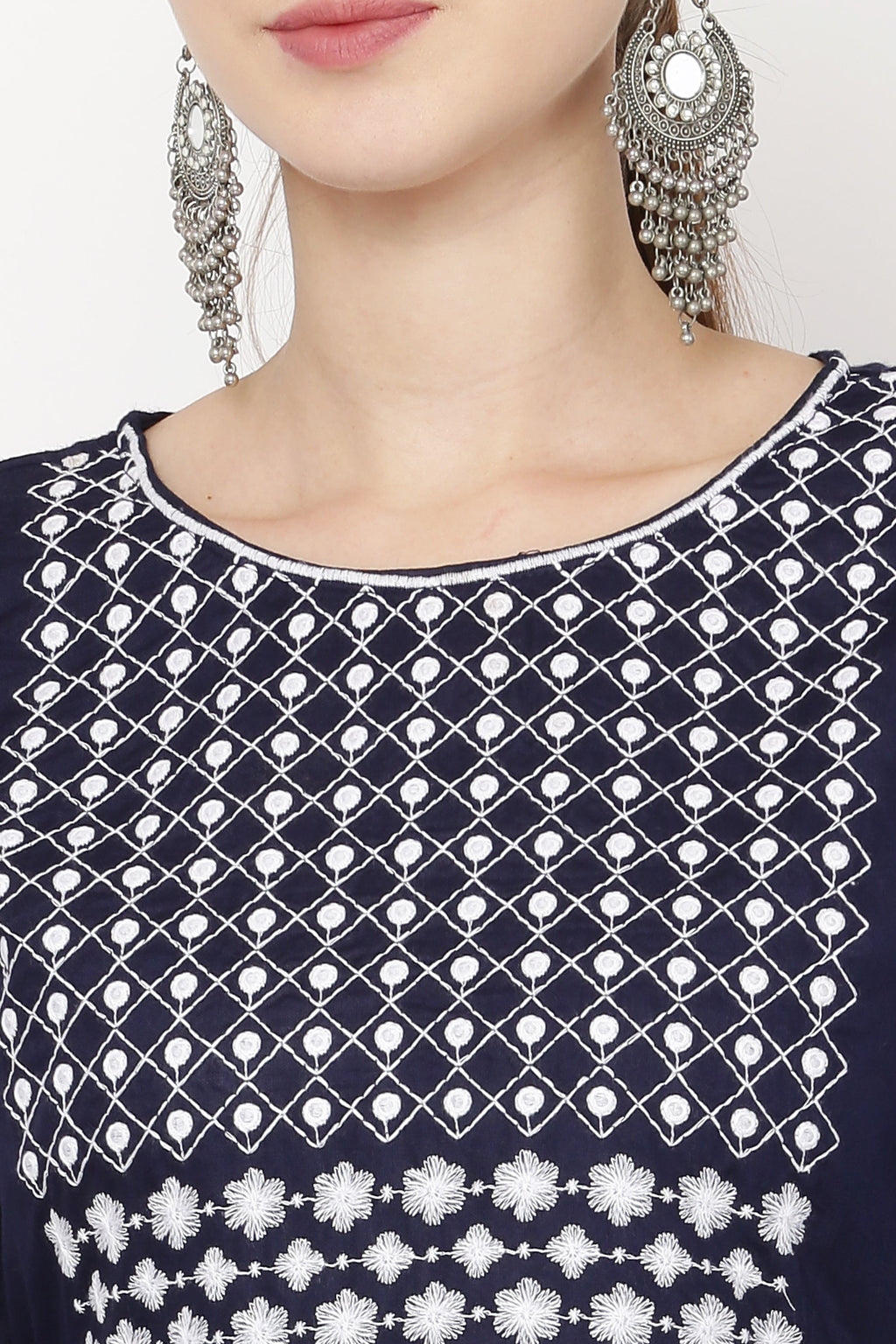 PAVONINE Navy Blue Color Polka Dots Embroidery Dress For Women | Grocsy