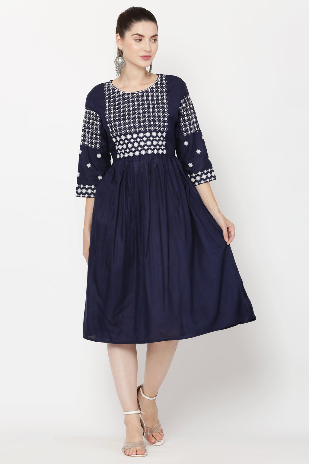 PAVONINE Navy Blue Color Polka Dots Embroidery Dress For Women | Grocsy