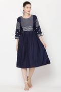 PAVONINE Navy Blue Color Polka Dots Embroidery Dress For Women | Grocsy