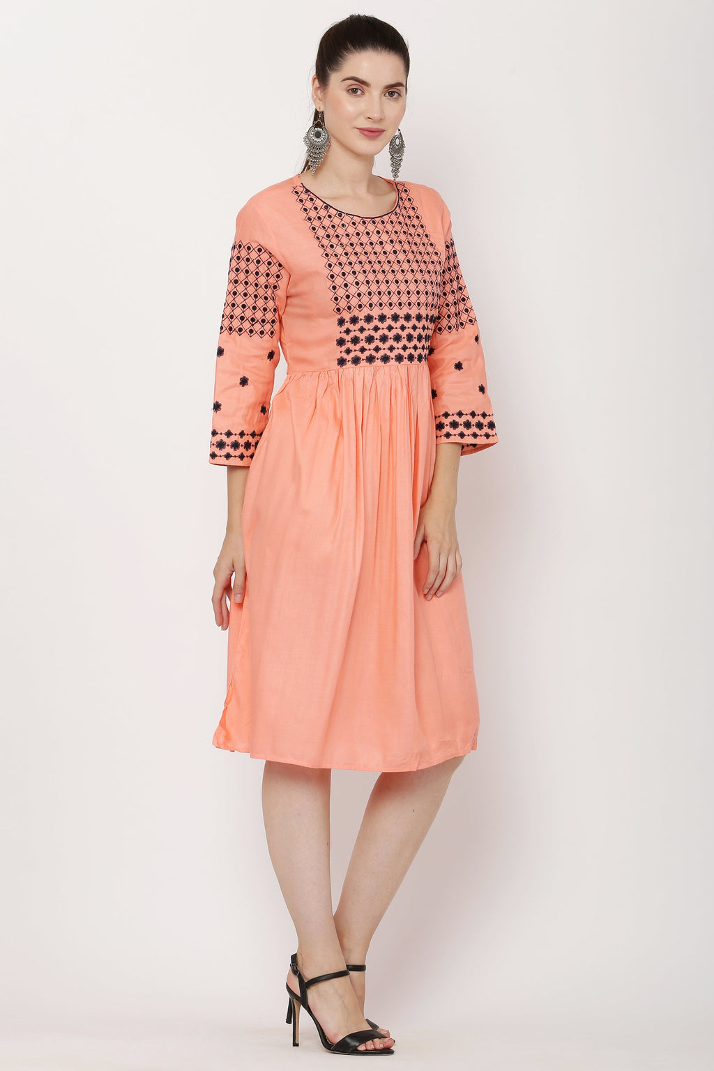 PAVONINE Gajri Color Polka Dots Embroidery Dress For Women | Grocsy