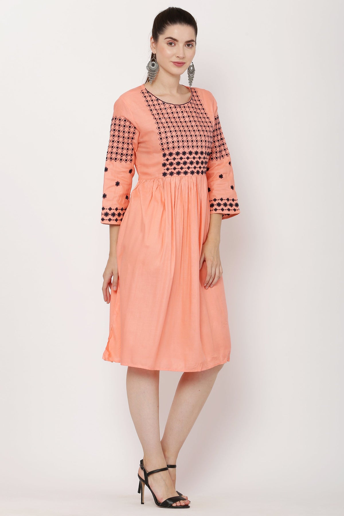 PAVONINE Gajri Color Polka Dots Embroidery Dress For Women | Grocsy