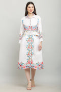 PAVONINE Cat Flower Digital Print White Color A-Line Dress For Women | Grocsy