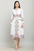 PAVONINE Cat Flower Digital Print White Color A-Line Dress For Women | Grocsy