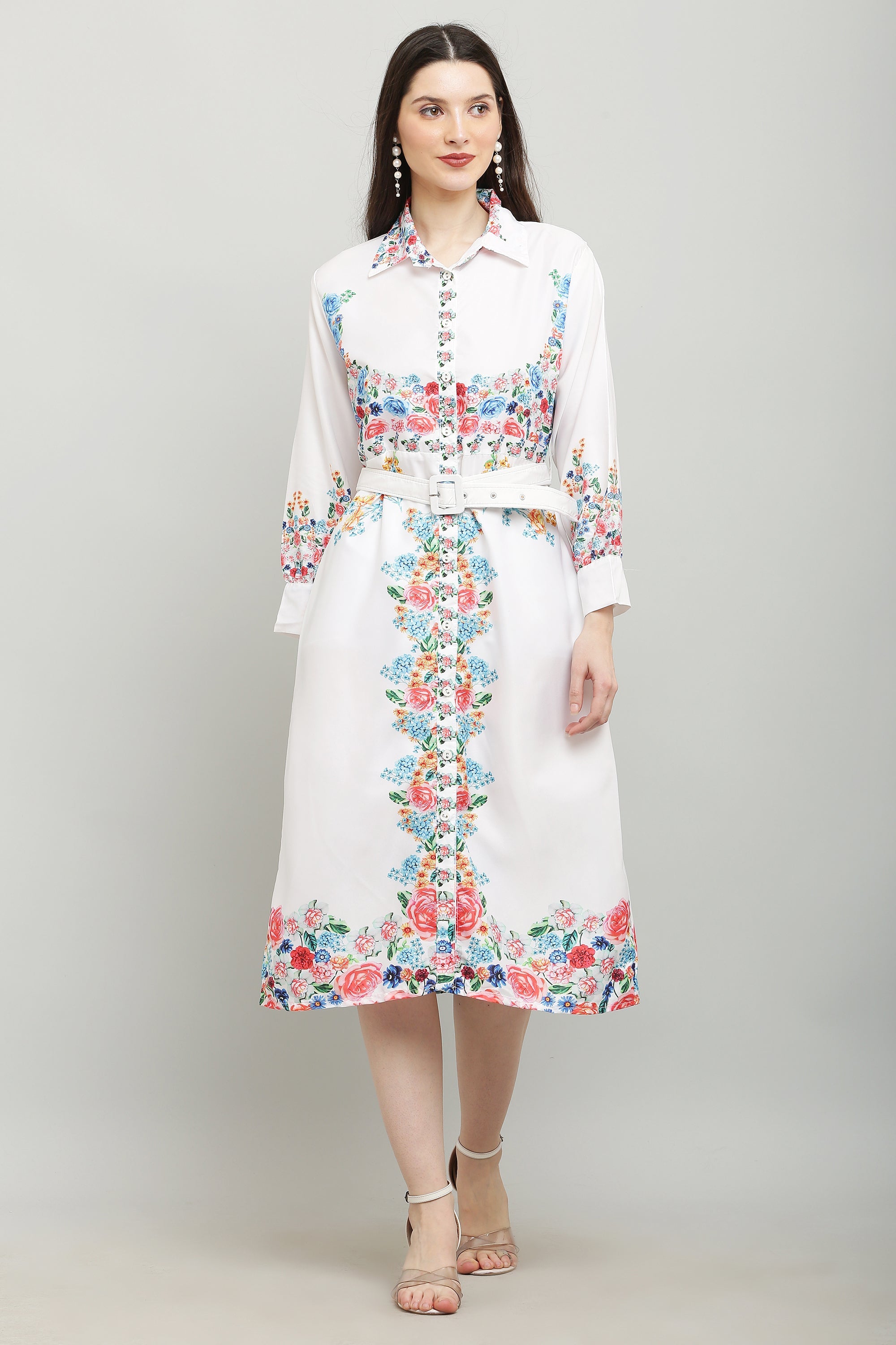 PAVONINE Cat Flower Digital Print White Color A-Line Dress For Women | Grocsy