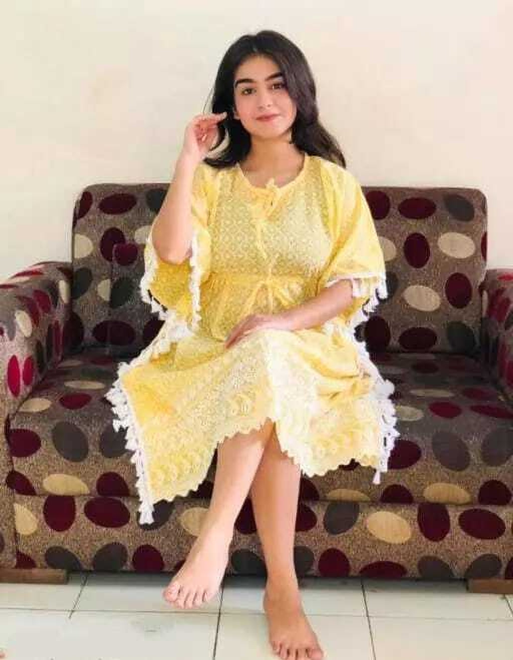 PAVONINE Yellow Color Embroidery Kaftan Dress For Women | Grocsy