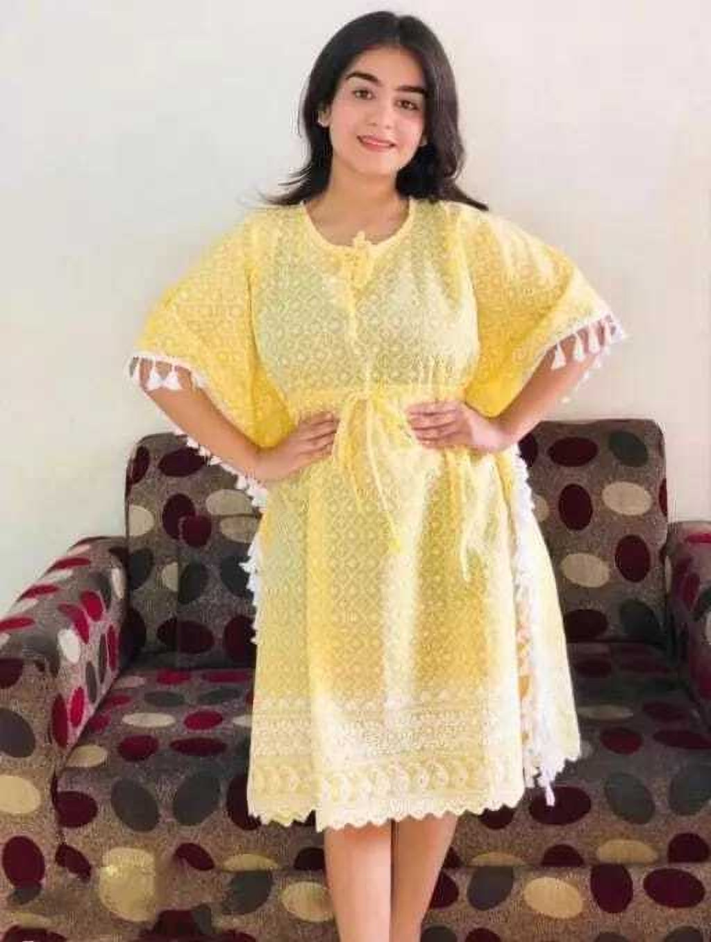 PAVONINE Yellow Color Embroidery Kaftan Dress For Women | Grocsy
