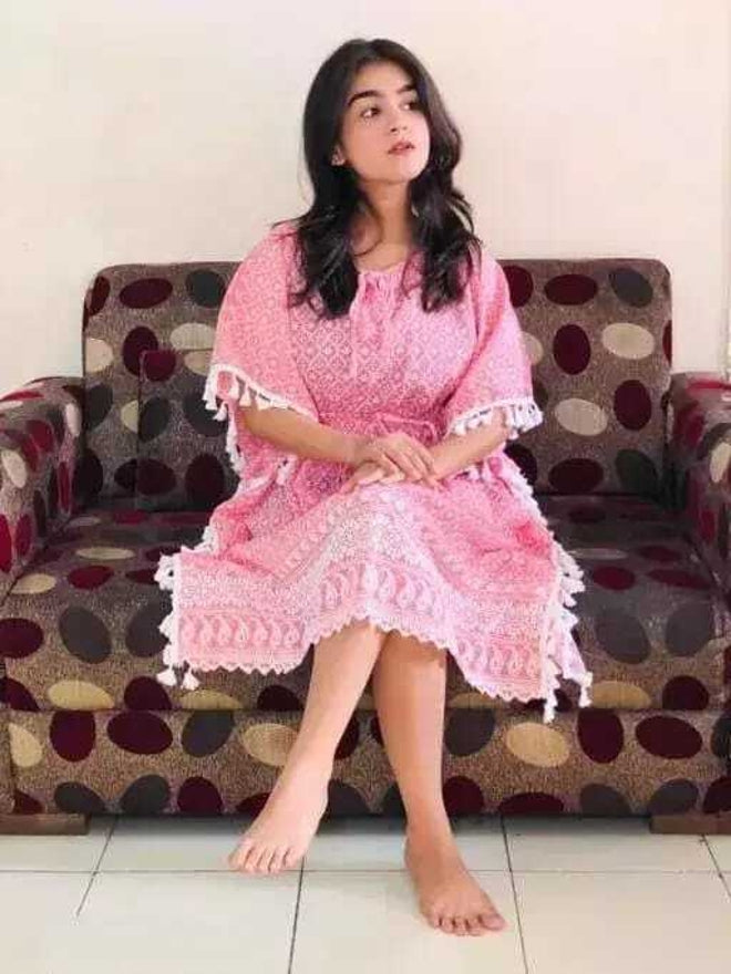 PAVONINE Peach Color Embroidery Kaftan Dress For Women | Grocsy
