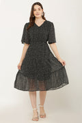 PAVONINE Micro Dots V-Neck Georgette Fabric Black Dress For Women | Grocsy