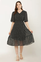 PAVONINE Micro Dots V-Neck Georgette Fabric Black Dress For Women | Grocsy