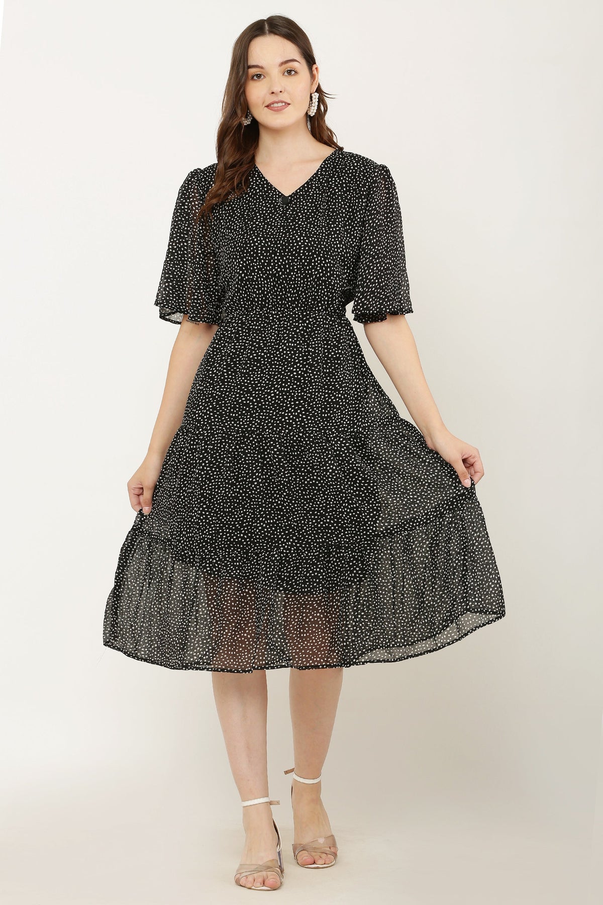 PAVONINE Micro Dots V-Neck Georgette Fabric Black Dress For Women | Grocsy