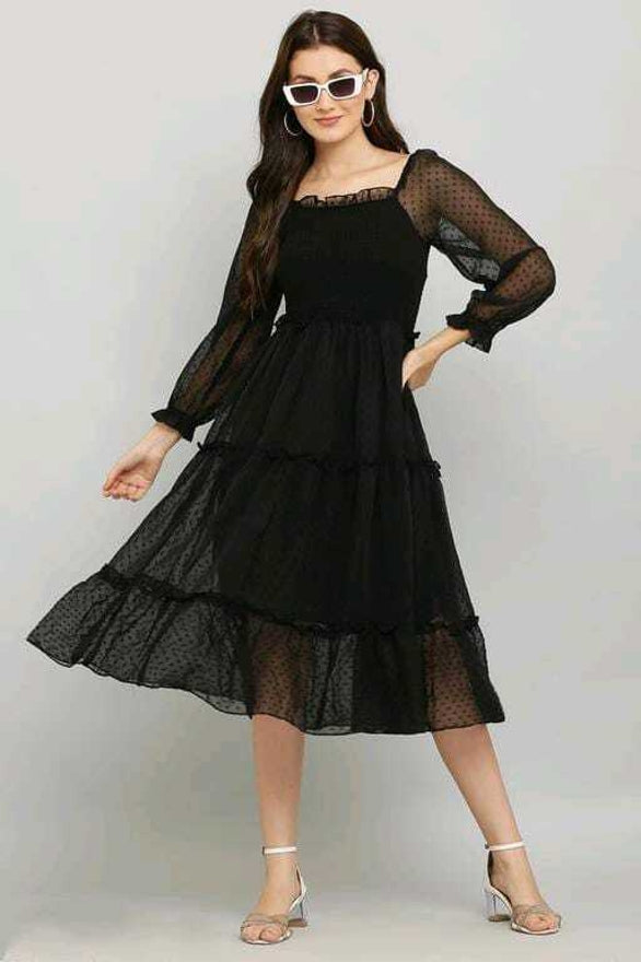 PAVONINE Buta-Design With Square-Neck Black Dress For Girls & Women | Grocsy