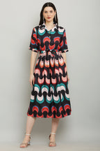 PAVONINE Zig-Zag Multi-Colors Printed Crepe Fabric Black Dress For Women | Grocsy