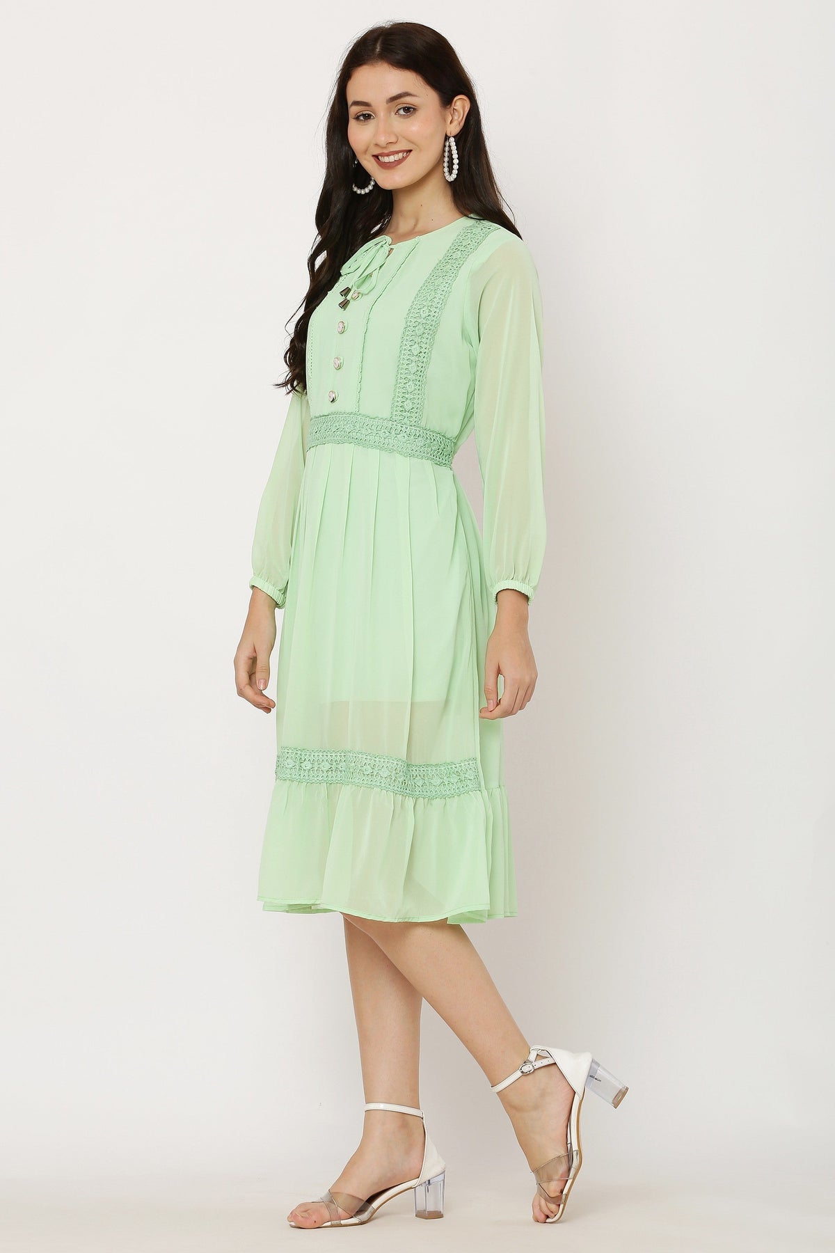 PAVONINE Pista Color Georgette Fabric Lace Inserts Dress For Girls | Grocsy
