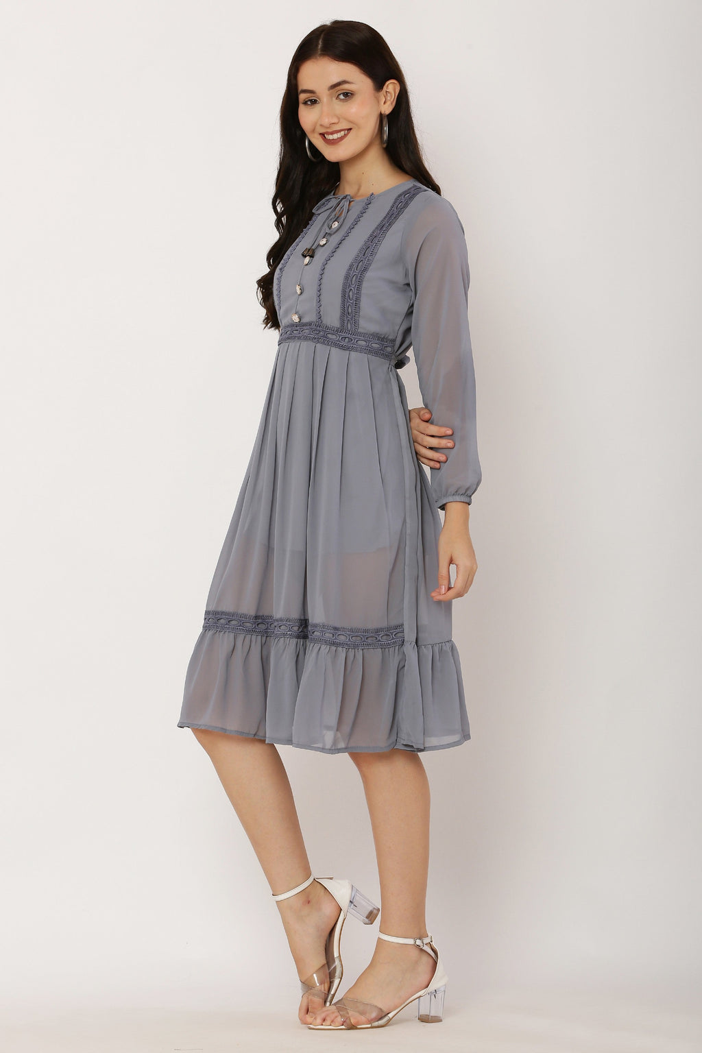 PAVONINE Grey Color Georgette Fabric Lace Inserts Dress For Girls | Grocsy