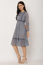 PAVONINE Grey Color Georgette Fabric Lace Inserts Dress For Girls | Grocsy