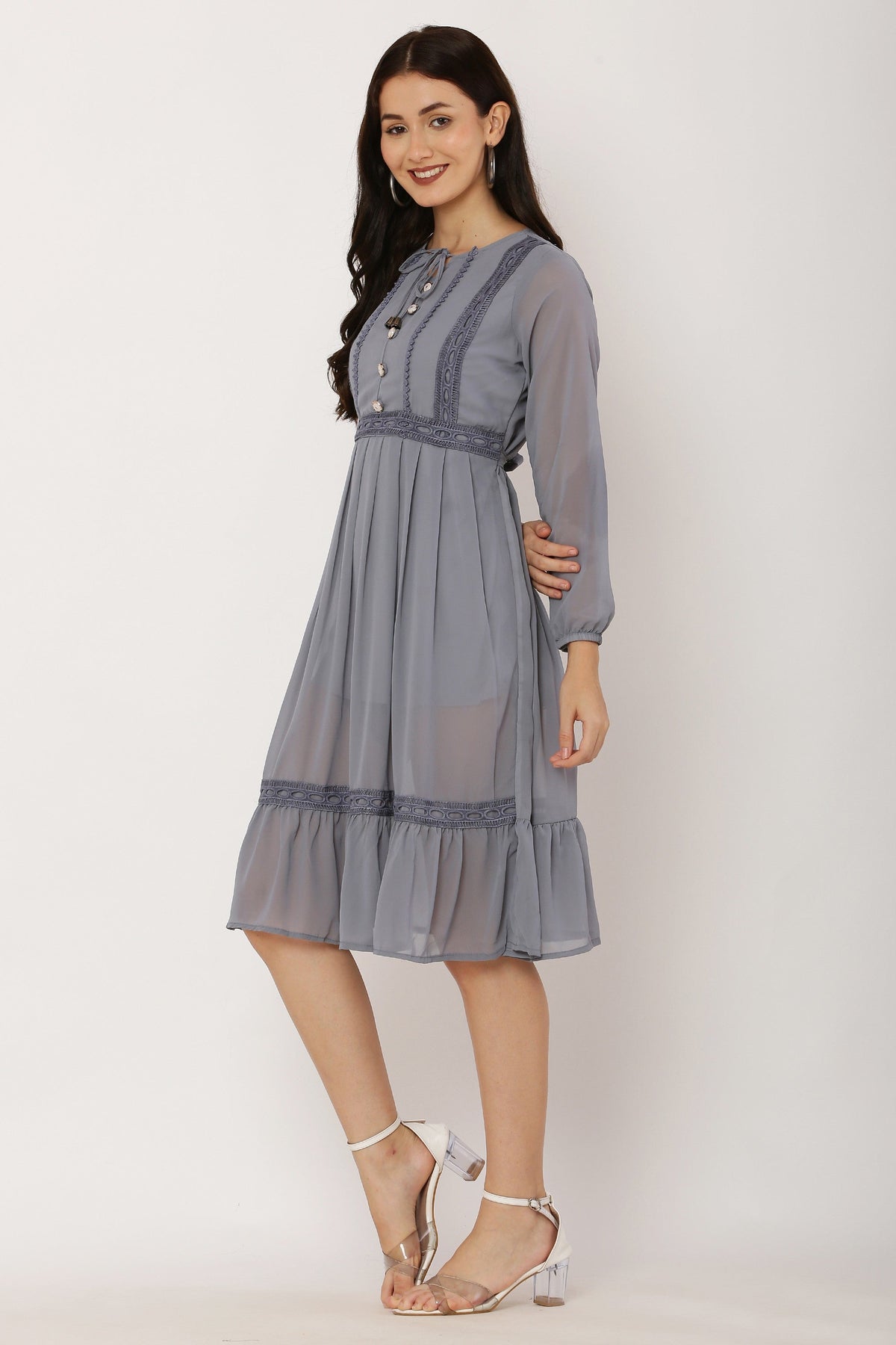 PAVONINE Grey Color Georgette Fabric Lace Inserts Dress For Girls | Grocsy