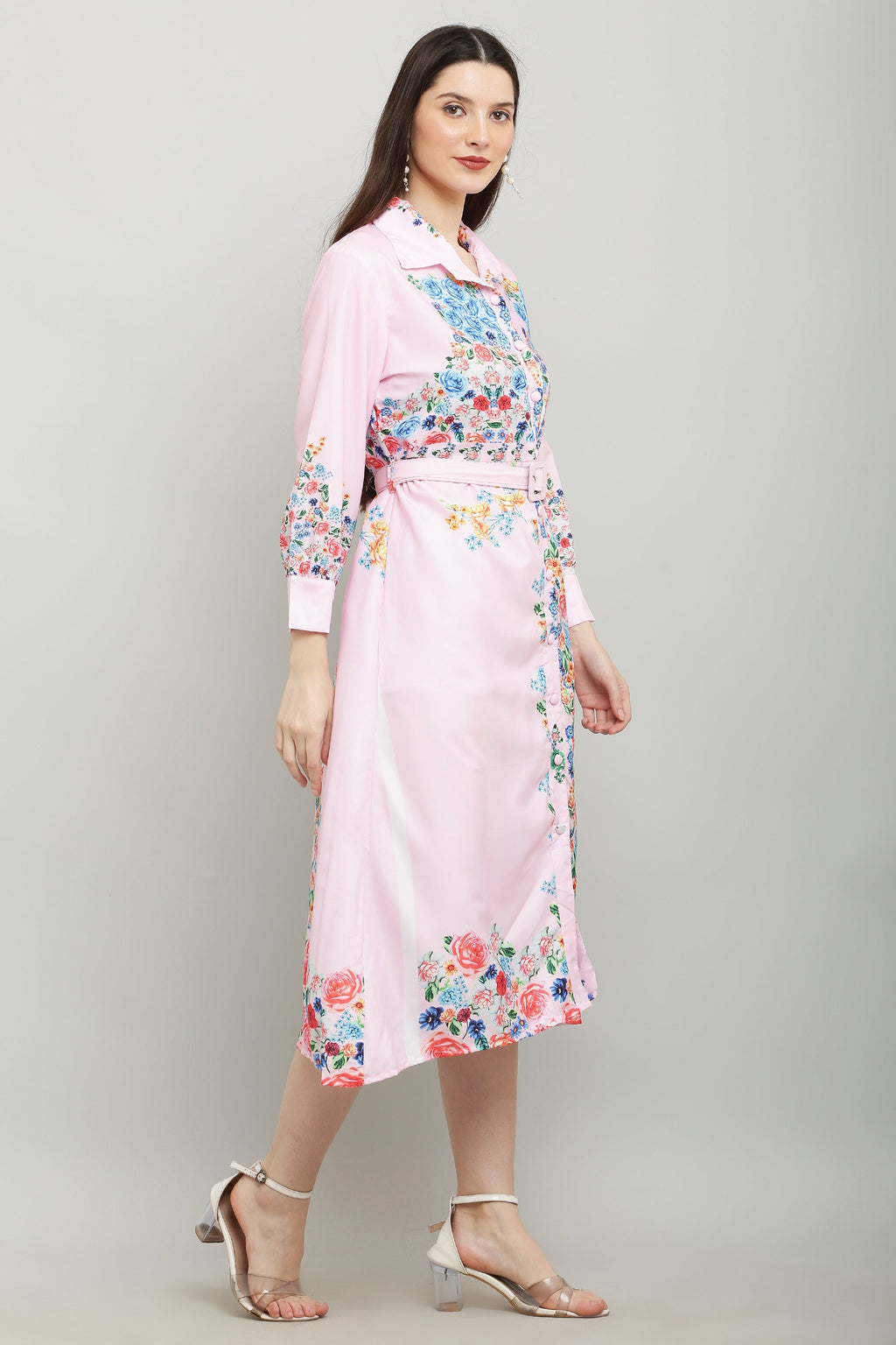 PAVONINE Cat Flower Digital Print Pink Color A-Line Dress For Women | Grocsy