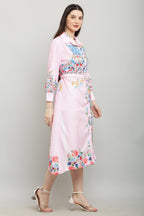 PAVONINE Cat Flower Digital Print Pink Color A-Line Dress For Women | Grocsy