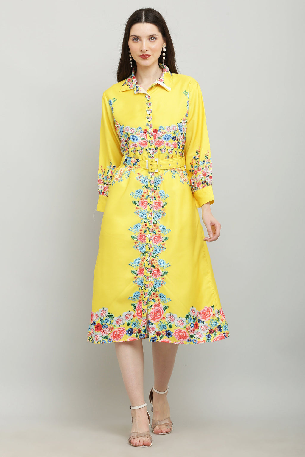 PAVONINE Cat Flower Digital Print Yellow Color A-Line Dress For Women | Grocsy