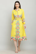 PAVONINE Cat Flower Digital Print Yellow Color A-Line Dress For Women | Grocsy