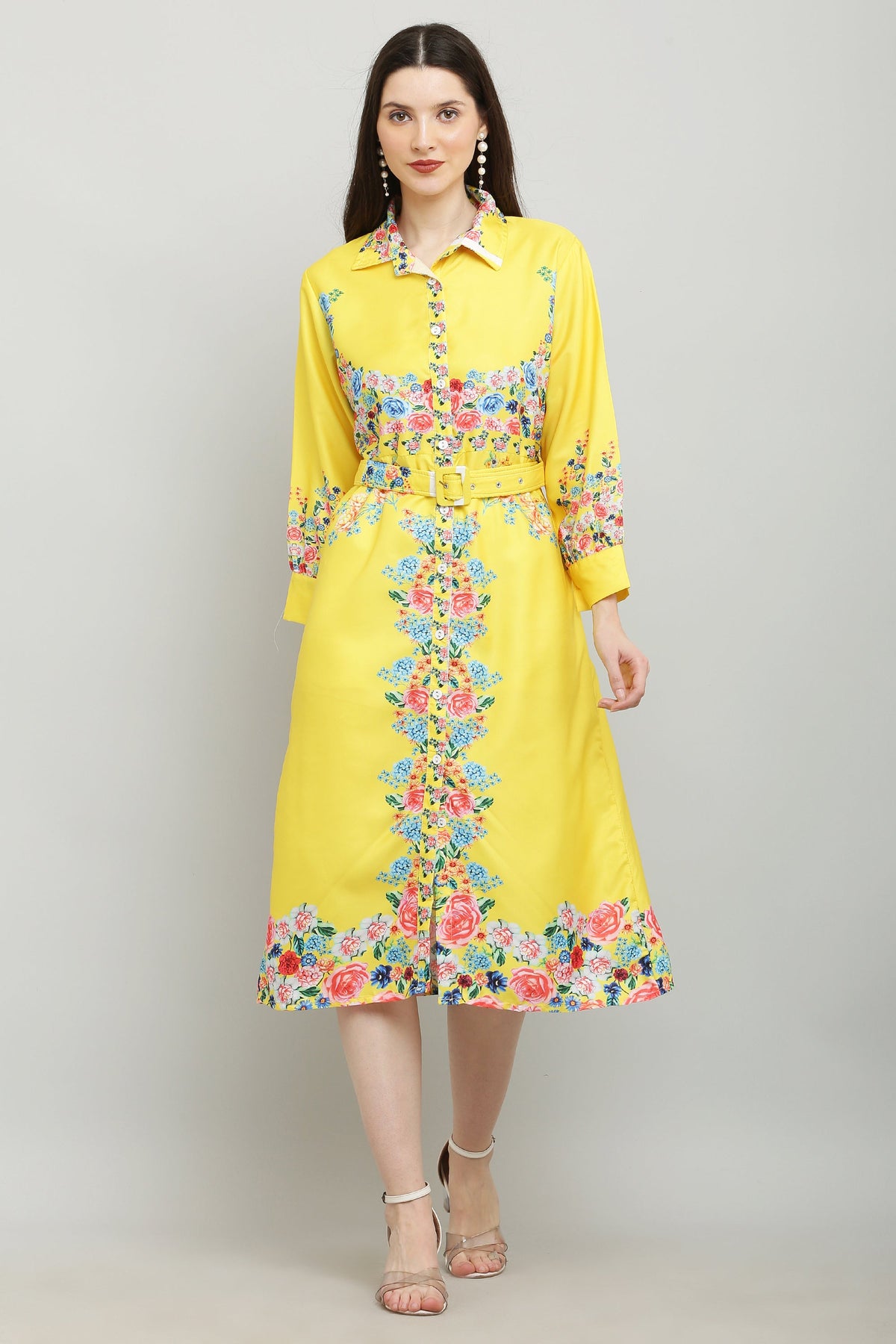 PAVONINE Cat Flower Digital Print Yellow Color A-Line Dress For Women | Grocsy