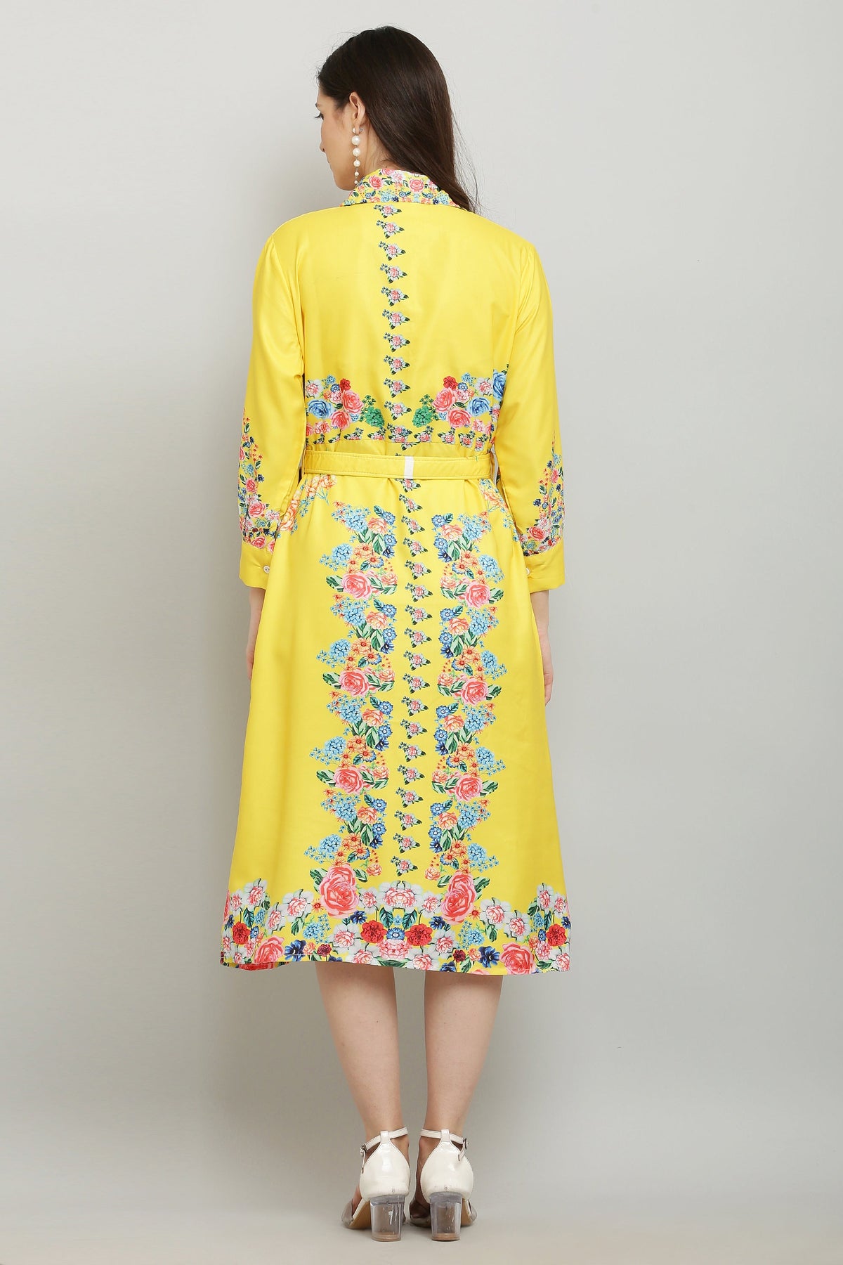 PAVONINE Cat Flower Digital Print Yellow Color A-Line Dress For Women | Grocsy