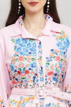 PAVONINE Cat Flower Digital Print Pink Color A-Line Dress For Women | Grocsy