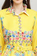 PAVONINE Cat Flower Digital Print Yellow Color A-Line Dress For Women | Grocsy